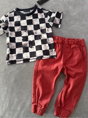 Little Bipsy Checkered Tee + Ben Sherman Jogger Pants 12-18M Boutique Outfit
